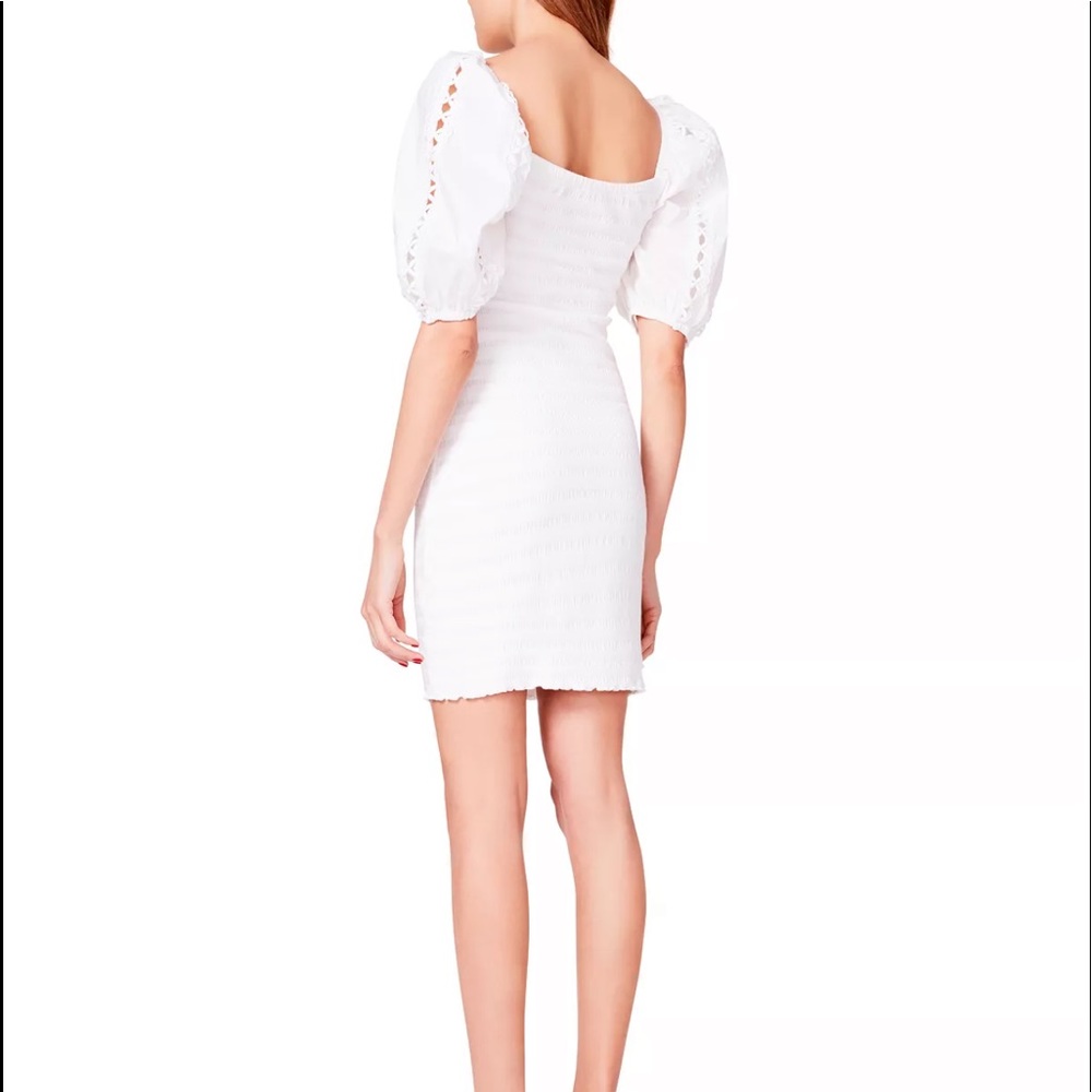 NWOT BETSEY JOHNSON WHITE SMOCKED PUFF SLEEVES BODYCON MINI DRESS SIZE S - Picture 5 of 13